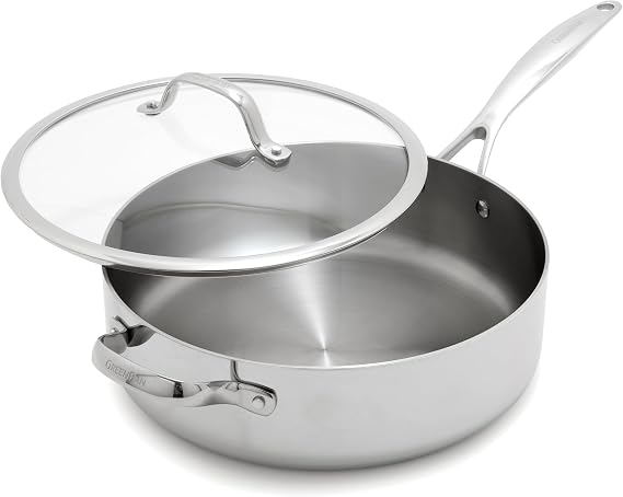GreenPan Valencia Pro Tri-Ply Stainless Steel 5QT Saute Pan with Lid, Induction Ready Cookware, All Cooktops, Sauce Pot, Mirror Finish, Dishwasher & Oven/Broiler Safe to 600F