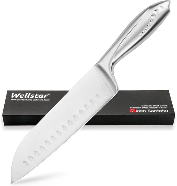WELLSTAR Santoku Knife 7 Inch, Super Sharp German Steel Kitchen Cooking Knife with Comfortable All Stainless Steel Handle for Chopping Slicing Dicing and Mincing of Meat Vegetables and Fruits