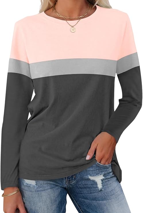 Minetom Womens Long Sleeve Shirts Round Neck Color Block Tops 2026 Fall Casual Clothes Trendy Pullover Sweatshirt