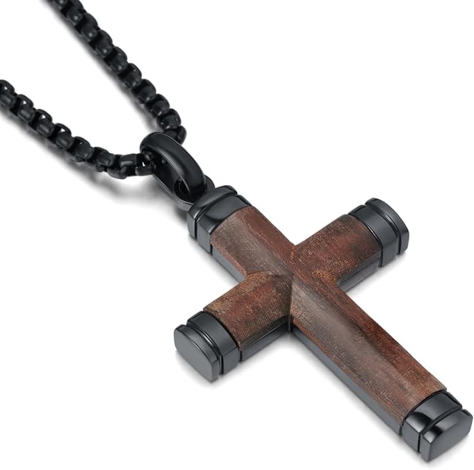 Wooden Cross Necklace for Men, Real Ebony Inset In Black Stainless Steel Christian Wood Crucifix Pendant, Adjustable Necklace 24+2" Box Chain