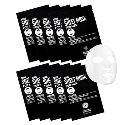 Charcoal & Tea Tree Mask fo Men 27ml Pack of 10 - Hydrating and Oil Control Pore Care Men Facial Mask Sheet, Refrehsing & Soothing, Acne Oily Skin, After Shave Skin Care