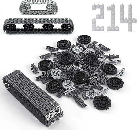 214PCS Technical Tank Track & Wheel Set Treads Chain Links Tank Robot Sleigh Car Motorcycle Toy Accessories Compatible with LEGO and Major Building Brands, Gift for 6-12 Years Old Kids(Grey)