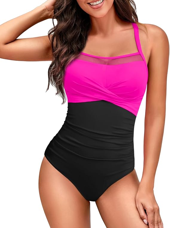 HEYTALALA Women's One Piece Swimsuit Tummy Control Bathing Suits Sexy Mesh Swim Suits Crisscross Back Modest 1 Piece Swimwear