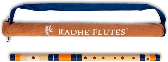 Radhe Flutes | C Natural Right Handed Middle Bansuri | Dark Blue & Orange | Tuned With Tanpura A=440Hz | PVC Flute + Velvet Cover + Hindi & English Flute Lessons