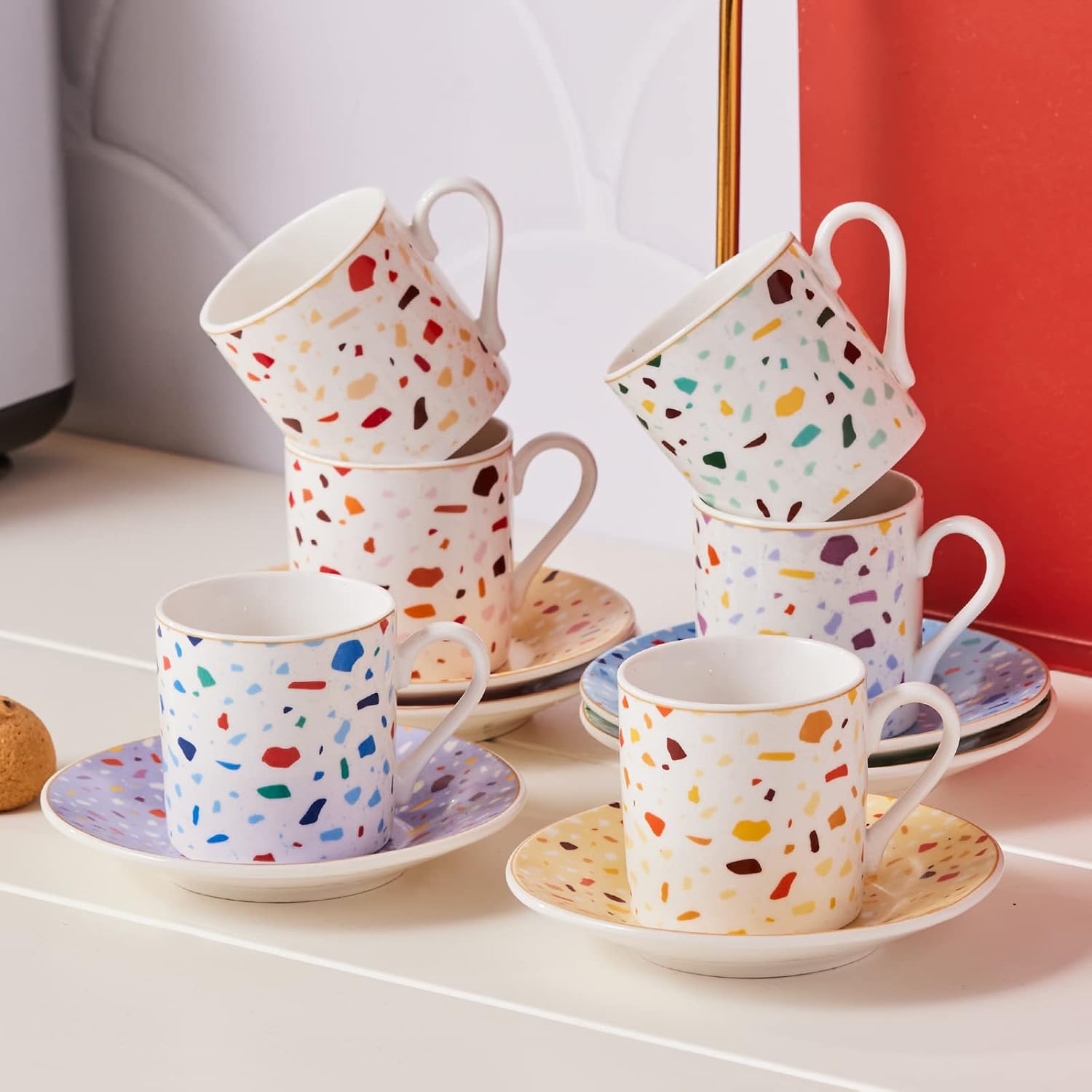 Karaca Terrazzo Set of 6 Coffee Cups 80 ml Mocha Cup Espresso Cups Set Made of Porcelain, Robust Mocha Cup, Thick Drinking Rim, Espresso Cups, Porcelain