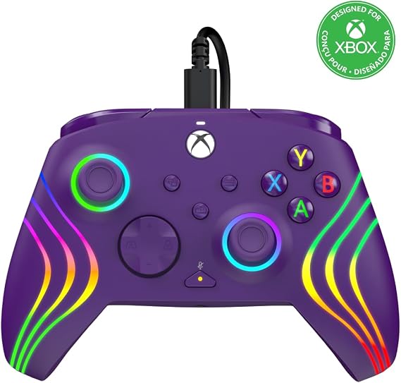 PDP Gaming Afterglow Wave Enhanced Wired Controller Xbox Series X|S, Xbox One, Windows 10/11 PC, advanced programmable gamepad, customizable lighting, Microsoft license, companion app: Purple