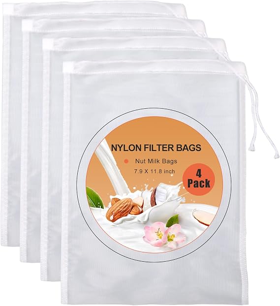 Kimmama Nut Milk Bag, Cheese Cloth Bag for Straining, Nylon, 7.9x11.8",4Pcs | Cheese Cloth for Straining Fruit Juice, Tofu, Almond, Yogurt, Nutmilk, Reusable