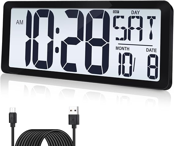15 Inch Large Rechargeable Digital LCD Wall Clock with Backlight Glow in the Dark,Night Light Wall Clock with Week,Date & Temperature,DST,Alarm Display for Living Room, Bedroom, Gift for Elderly