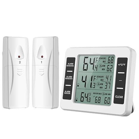 Refrigerator Thermometer, Freezer Thermometer with Alarm, Fridge Thermometer Digital with 2 Sensors, Wireless Indoor Outdoor Thermometer with Temperature Alarm, Min/Max, Temperature Trend Display