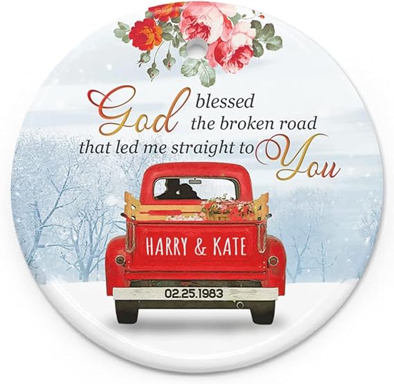 Personalized Love Couple Red Truck God Blessed The Broken Road That led me Straight to You Christmas Ornament Gifts for Couple Husband and Wife on Xmas - First Christmas Married Date Circle Ornament