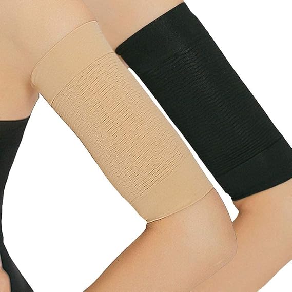 BeeSpring 2 Pair Arm Slimming Shaper Wrap, Arm Compression Wrap Sleeve Helps Lose Arm Fat, Tone up Arm Shaping Sleeves for Women, Sport Fitness Arm Shapers (Beige + Black)