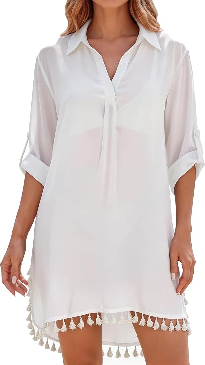 Women Swimsuit Cover Up Dress, Button Down Long Sleeve Beach Shirt, Lightweight Loose A-Line Fit