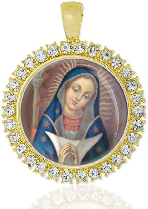 Realig Our Lady of Altagracia Gold Tone Pendant with Rhinestones Round Medal