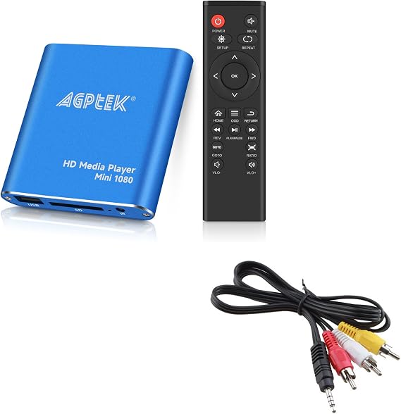 HDMI Media Player with One More AV Cable, Blue Mini 1080p Full-HD Ultra HDMI MP4 Player for -MKV/RM/ MP4 / AVI etc- HDD USB Flash Drive/HDD and SD Card