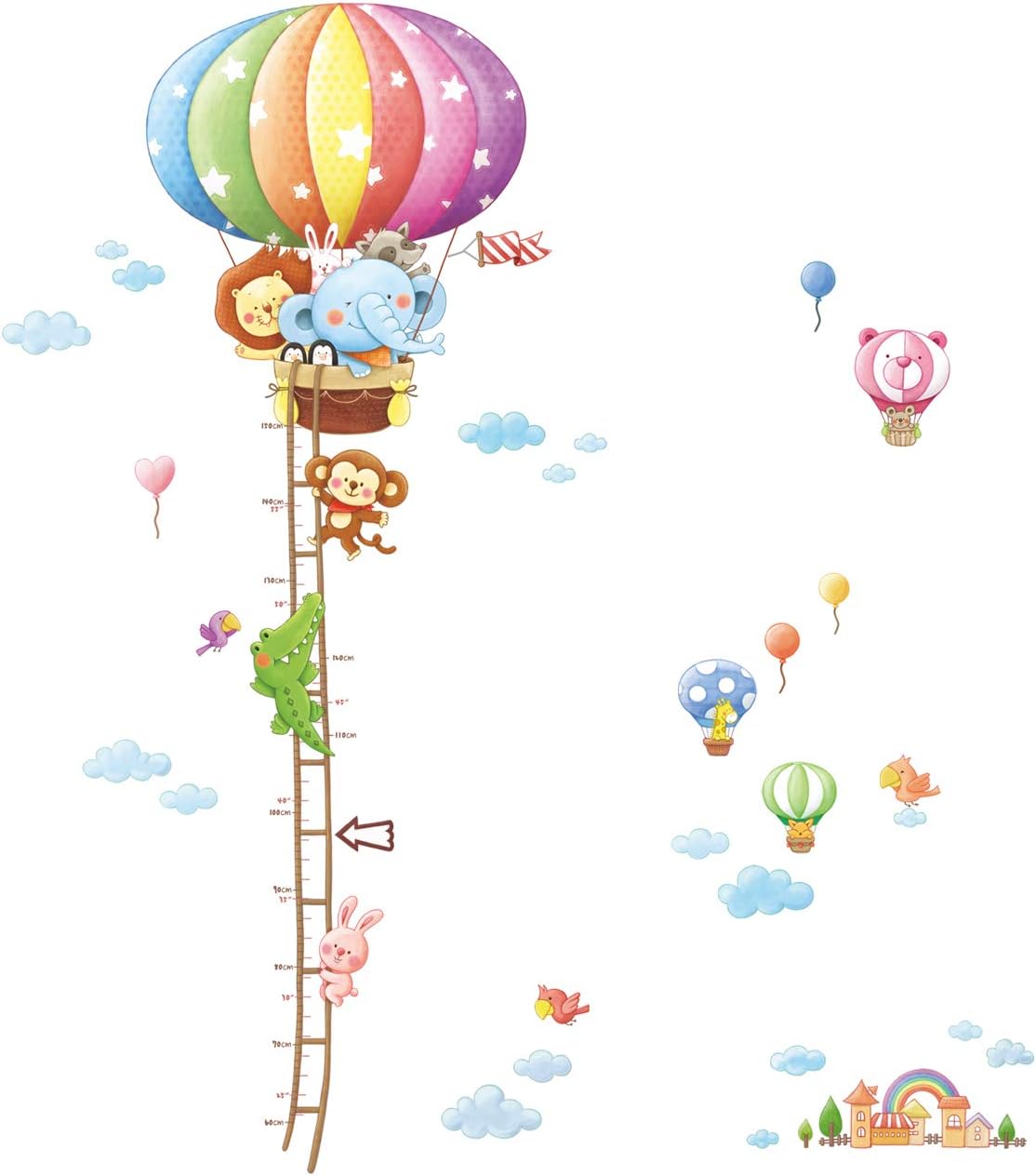 DECOWALL BS-1606 Animal Hot Air Balloon Height Growth Chart Kids Wall Stickers Wall Decals Peel and Stick Removable Wall Stickers for Kids Nursery Bedroom Living Room d?cor