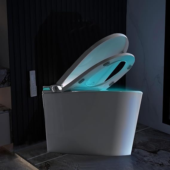 Smart Toilet with Built-In Bidet, One Piece Automatic Bidet Toilet with Heated Seat, Warm Water and Dry, Foot Sensor for Bathrooms, Commercial or Domestic Use (White+4 LED)