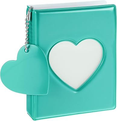Mini Photocard Binder, 3 Inch Heart Hollow Card Binders with 32 Pockets Mint Green Mini Photo Album Mirror-Like Photocard Binder with Pendant