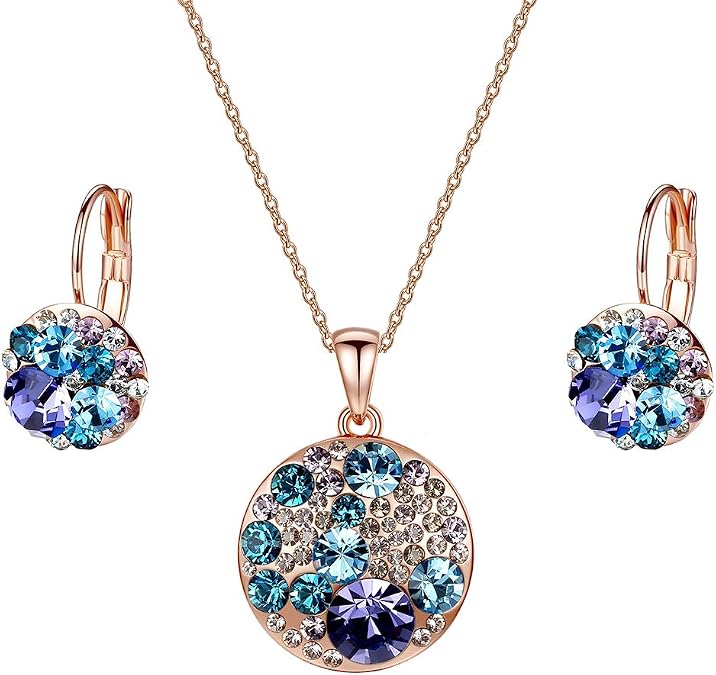 EVEVIC Austrian Crystals Round Disc Pendant Necklace Earrings for Women 14K Gold Plated Hypoallergenic Jewelry Sets