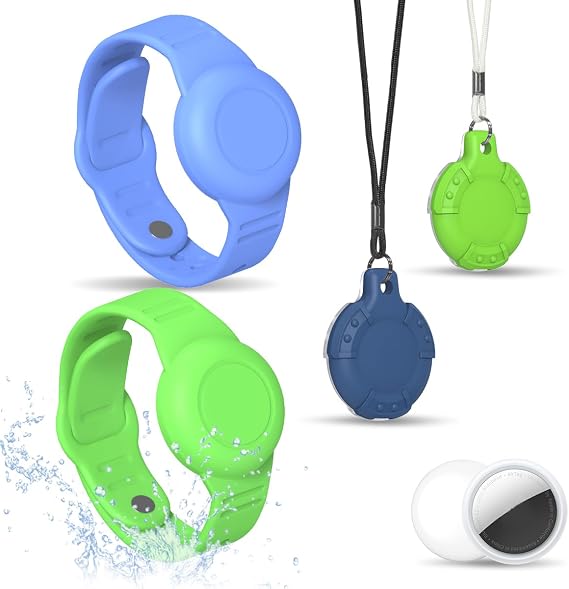 4 Pack for Air Tag Bracelet & Airtag Necklace Holder Waterproof, Blue+Green