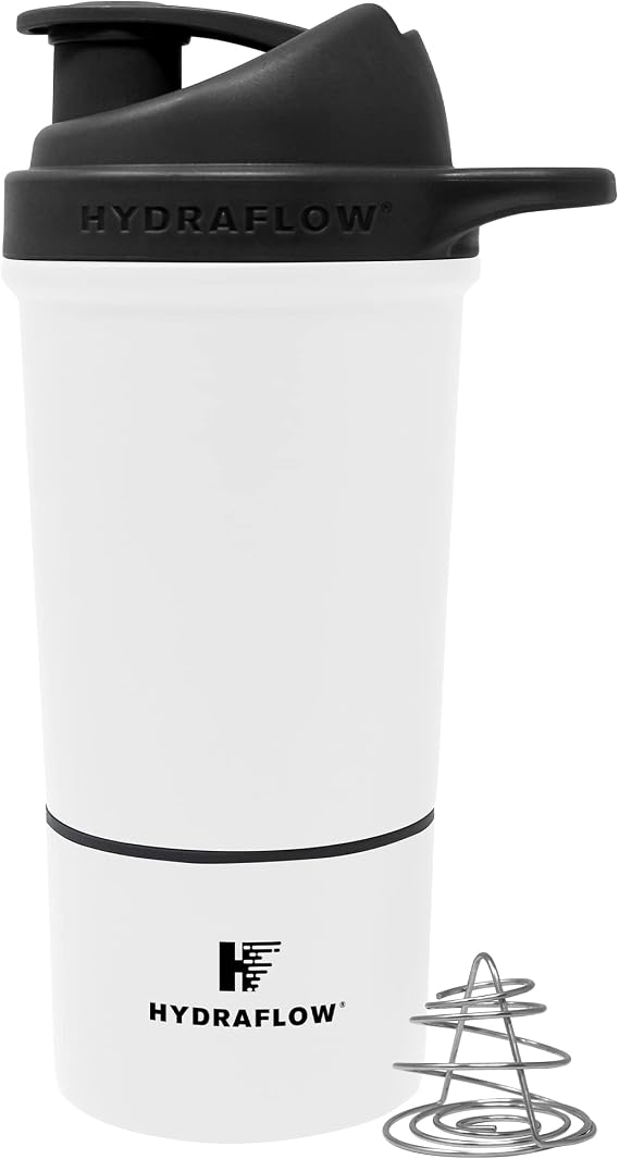 HYDRAFLOW Boost Insulated Protein Shaker Bottle, Superior Mixing Capabilities, 24-Ounce Powder White