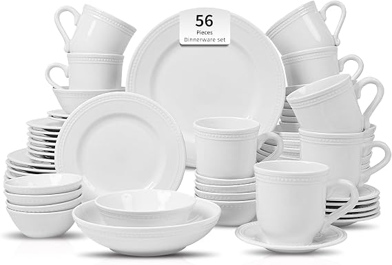 HomeVss, Pearl Dots Stoneware Dinnerware Set (56pc Set, White)