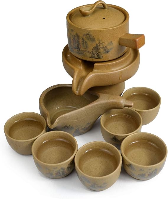 Teapot Teacup Gongfu Tea Set Pot Ceramic Semi-automatic Millstone Fengshui Luck Gift Box