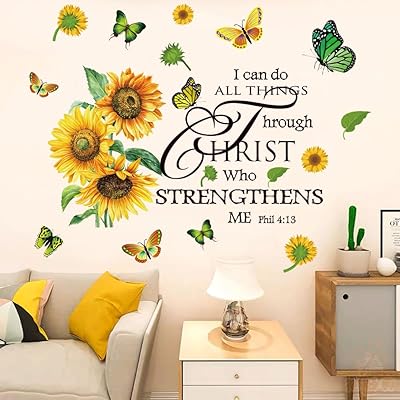 Datesno Black Sunflower Butterfly Christian Wall Decal, Floral Wall Sticker, Motivational Quote, Scripture Wall Art, Indoor Use, PVC Material, Single Use, Polished Finish, Wall Surface