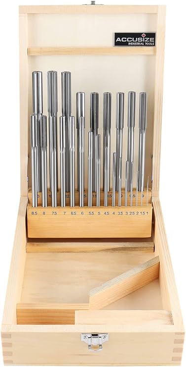 Accusize Industrial Tools 1-13 mm by 0.5 mm High-speed Steel Chucking Reamer Set in a Fitted Case, Set of 25 Pieces, 5500-SB00 | 25 Pc Set in Fitted Case, Straight Shank, Straight Flute, +0.0001 to +0.0005 in Tolerance, 5500-SB00