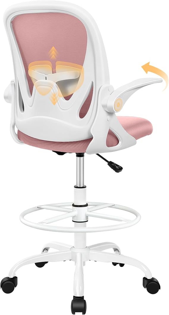 Primy Drafting Chair Tall Office Chair with Flip-up Armrest, Executive Ergonomic Computer Standing Desk Chair with Lumbar Support and Adjustable Foot Rest Rose Quartz