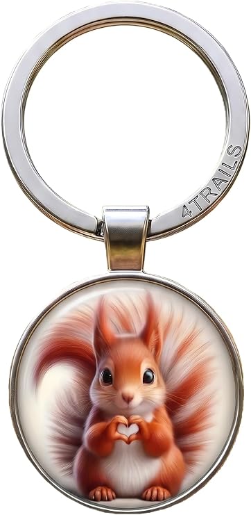 Squirrel Love Heart Gesture Keychain, Round Metal Design