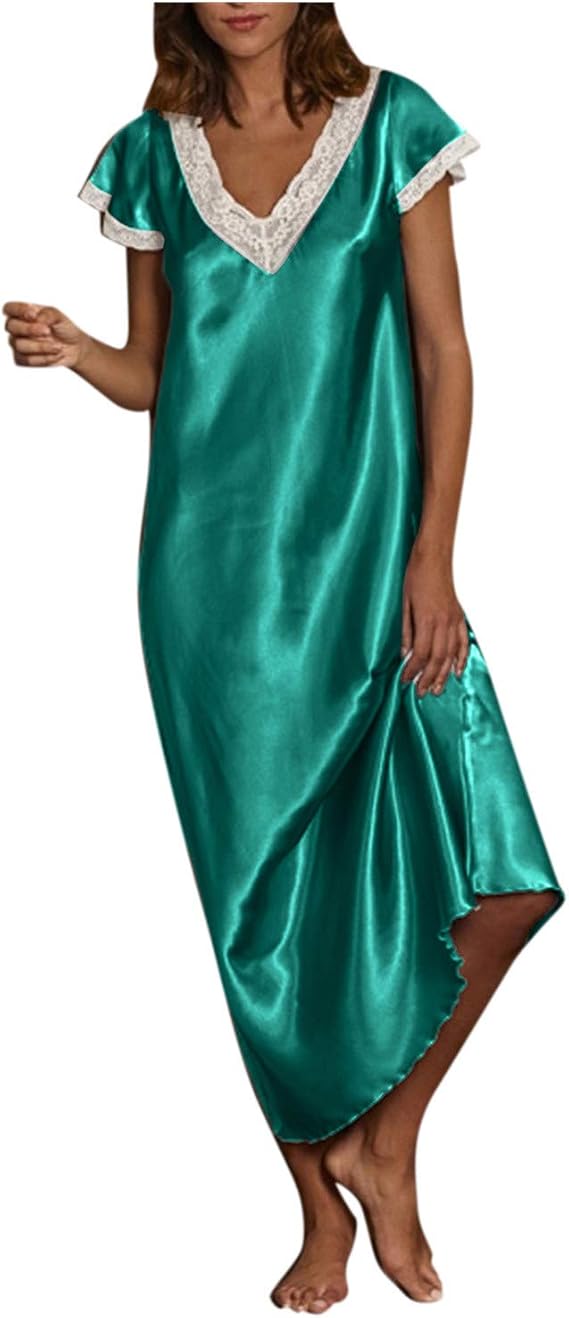 FZYLQY Long Nightgowns for Women Short Sleeve Nightshirt V-Neck Soft Loungewear Casual Chemise Sleepwear