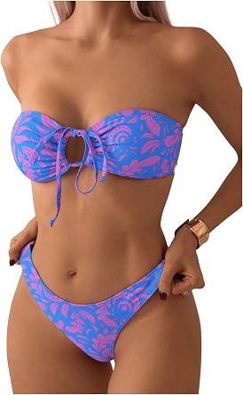 SHENHE Women's Two Piece Y2k Swim Bikini Set Plant Printed Strapless Swimsuit Bathingsuit