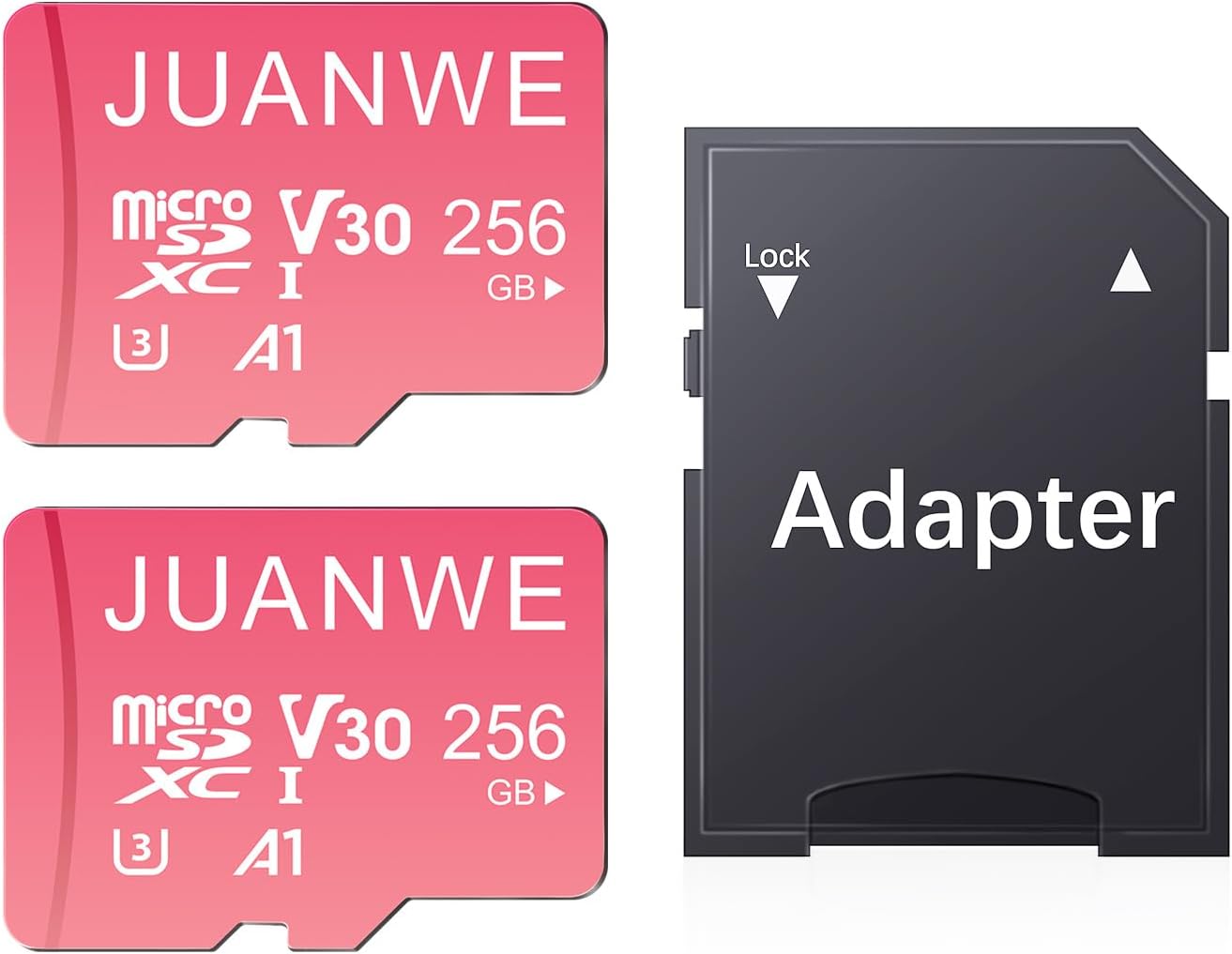 JUANWE 256GB Micro SD Card 2 Pack microSDXC Memory Card A1 U3 V30 4K  Adapter Memory Card SD Card UHS-I TF Card for Dash CamCamera, Pink 256GB