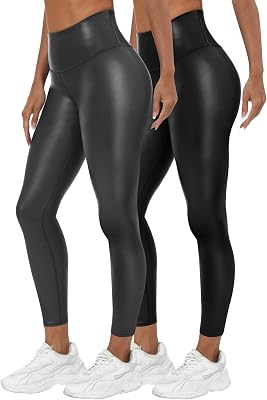 Huukeay 2 Pack Womens Faux Leather Leggings High Waist Stretch Matte Yoga Pants Athletic Dressy Pleather Soft Tights