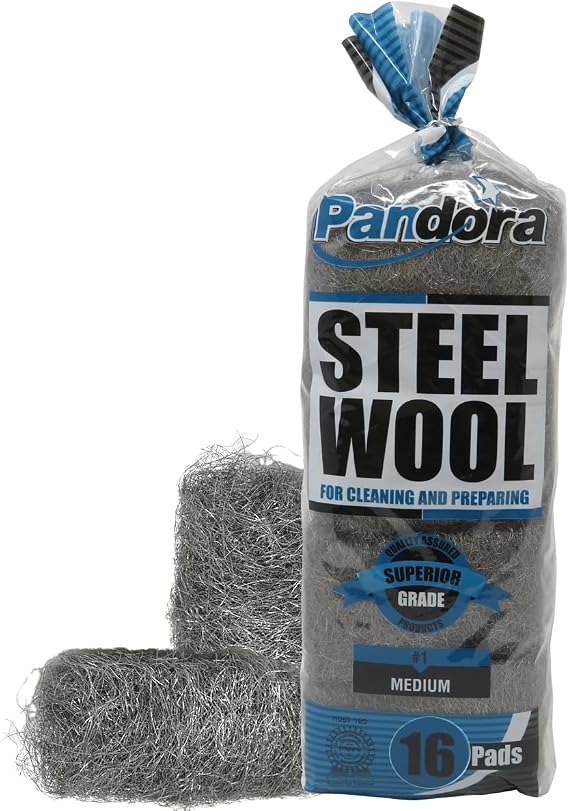 Pandora Steel Wool #1 Medium Grade, 16 Pads for Cleaning and Preparing- Quality Metal Strands - Ideal for Linoleum Floors, Bowling Balls, and Shoe Soles