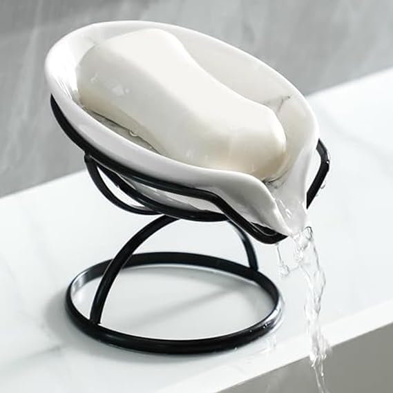 Dobbyby Leaf-Shaped Soap Dish Premium Ceramic Soap Bar Holder with Self-Drainage System Bar Soap Holder for Shower, Bathroom Sink, Kitchen Waterfall Soap Dish with Stainless Steel Stand (Black)
