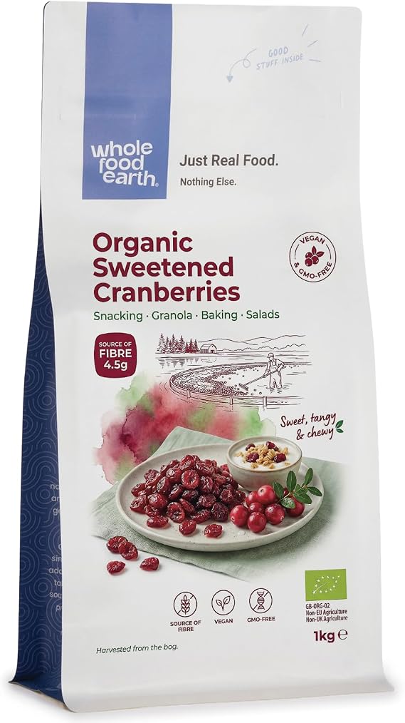 Wholefood Earth Organic Sweetened Dried Cranberries – 1 kg | GMO Free | Vegan | Source of Fibre | Certified Organic
