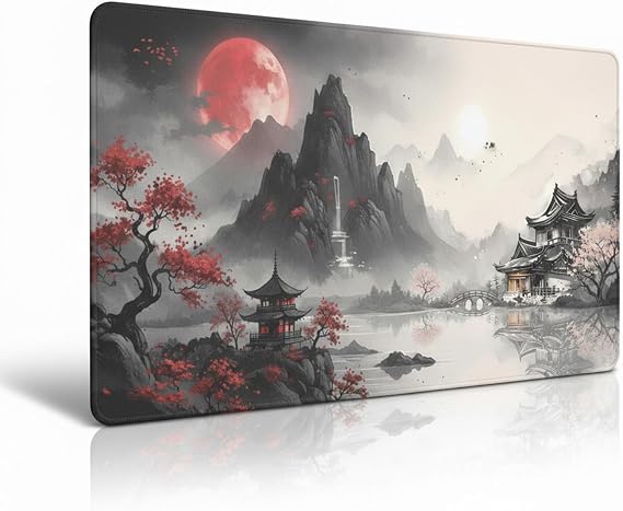 Large Japanese Desk Mat Mouse Pad, XL Extended Mouse Pad with Black Red, Waterproof Gaming Desk Pad with Non-Slip Rubber Base, Desk Protector for Keyboard and Mouse for Home Office, 31.5 x 15.7