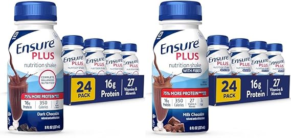 Ensure Plus Nutrition Shake, 24 Count, With 16 Grams of Protein, Meal Replacement Shakes, 8 Fl Oz & Ensure Plus Nutrition Shake With Fiber, 16 Grams of Protein, Meal Replacement Liquid