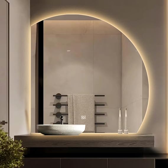 Backlit Illuminated Led Bathroom-Mirror: Half Circle Wall Mounted Vanity Mirror with Led Lights, Frameless Smart Wall Mirror with Touch Dimmable 3 Colour Light Memory Function