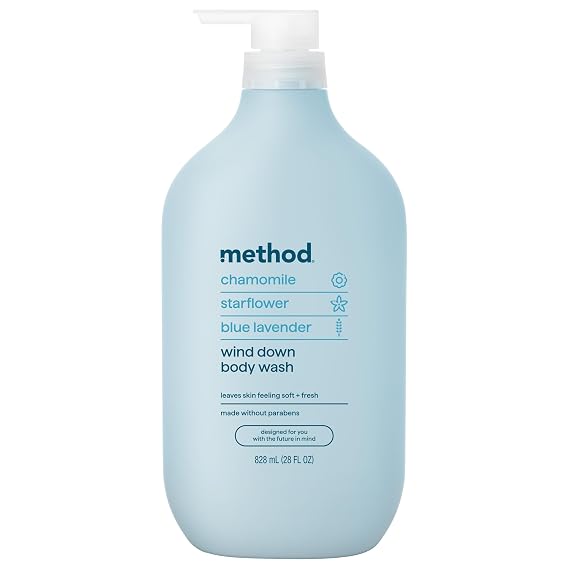method Body Wash, Wind Down, 28 fl oz | Soothing Formula, Leaves Skin Feeling Soft & Moisturized, Notes of Chamomile, Starflower & Blue Lavender