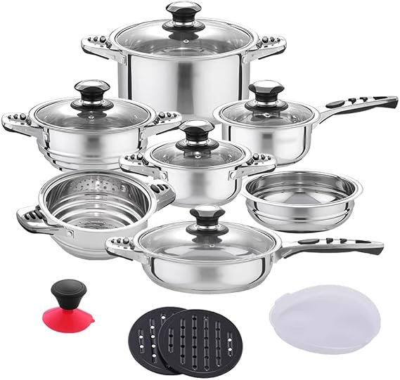 Pots and Pans Sets, Frying Pan,Cookware Set Stainless Steel 16-Piece Cooking Pot&Pan Set Induction Include Saucepan,Casserole,Salad Bowl,Steaming Insert
