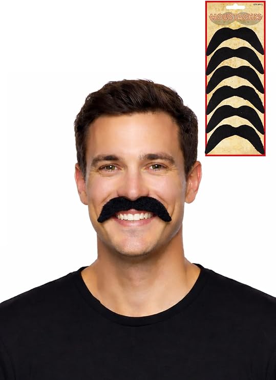 Henbrandt Pack of 6 Black Fake Moustaches Stick On False Moustaches Funny Novelty Joke Party Bag Favour Loot Bag Filler Halloween Fancy Dress Costume Accessory for Men and Women