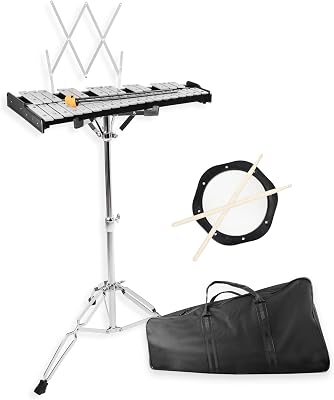 Mr.Power 32 Notes Glockenspiel Bell Kit with 8 Practice Pad, Adjustable Height Stand, Music Sheet Clip, Glockenspiel Mallets, Drumsticks, and Carrying Bag