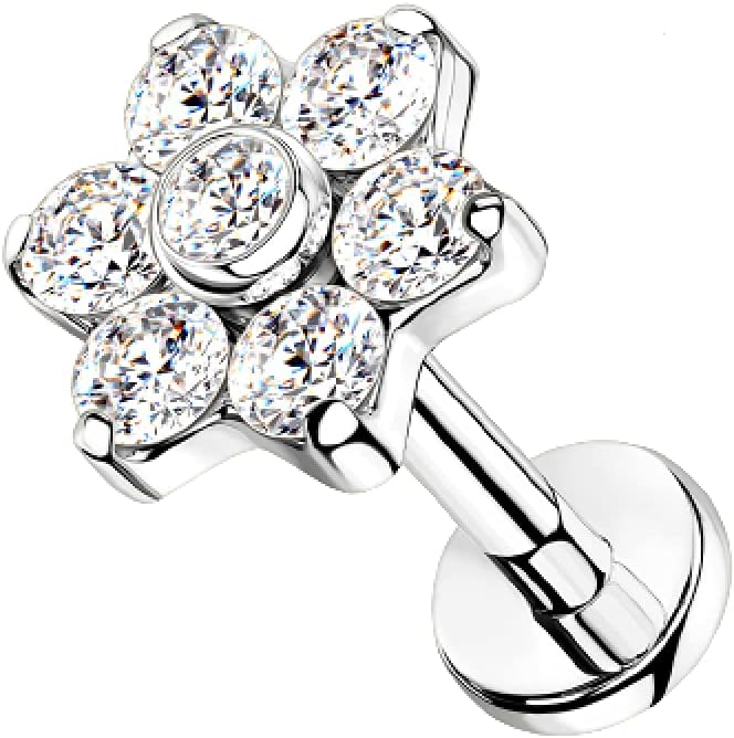 Pierced Owl - 16GA CZ Set Flower Top Implant Grade Internally Threaded Solid G23 Implant Grade F-136 Titanium Flat Back Labret Monroe Lip Cartilage Helix Tragus Conch Ear Lobe Stud
