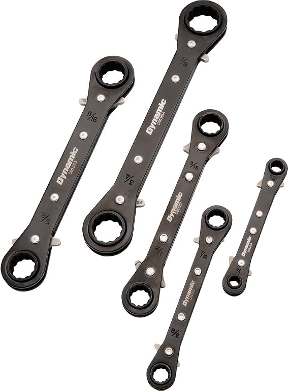 Dynamic 5 Piece Sae Double Box End, Reversible Ratcheting Wrench Set, Straight