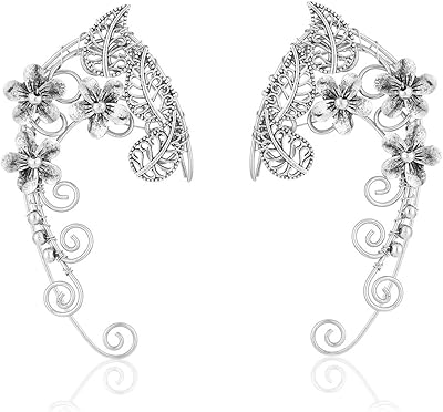 Elven Ear Cuffs for Women, Handmade Elf Fairy Earrings Cuff Wrap Clip-on Filigree Earrings for Fantasy Fairy Halloween Costume, Cosplay, Wedding, Handcraft Silver