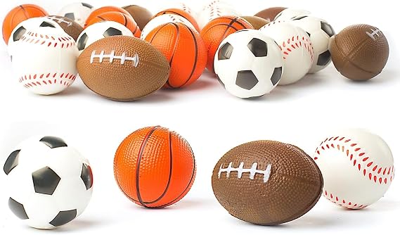 Set of 24 Sports 2.5" Stress Balls - Includes Soccer Ball, Basketball, Football, Baseball Squeeze Balls for Stress Relief, Party Favors, Ball Games and Prizes, Stocking Stuffers - Bulk 2 Dozen