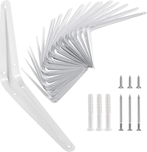 KEILEOHO 24 Pack 10 x 12 Inches Shelf Brackets, Heavy Duty Metal Wall Corner Angle Shelf Brackets with Screws, L Bracket Supports for Hanging Shelves, White