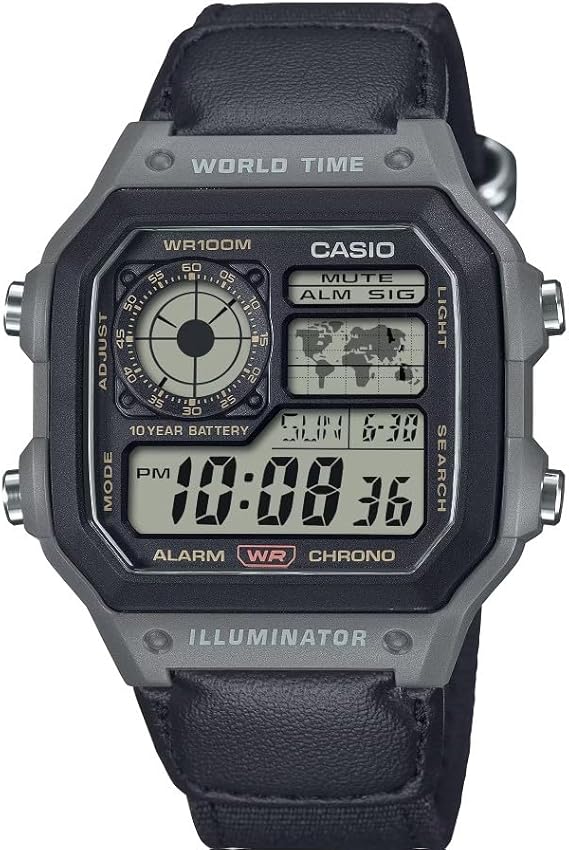Casio AE1200 Series Black/Green LED Illuminator World Time, Gray, AE1200WHUB-8AV